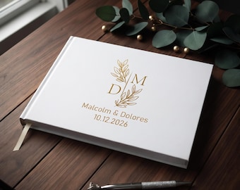 Personalized White Linen Wedding Guest Book, Gold Foil Custom Keepsake