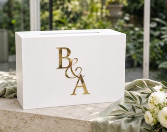 Personalized Wedding Card Box, Custom Keepsake, Gold Acrylic Initials, Plywood Holder
