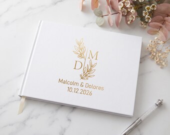 Personalized Wedding Guest Book Custom, White Linen Guest Book with Gold Foil, Wedding Guestbook, Custom Wedding Keepsake Book