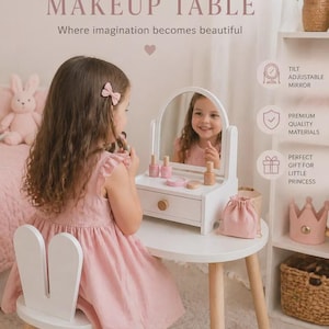 Personalized Kids Vanity Table - Custom Name Engraved Wooden Makeup Desk Gift