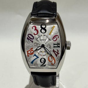 Reloj de pulsera vintage Franck Muller Crazy Hour, esfera blanca, correa de cuero negro, movimiento automático para hombre.