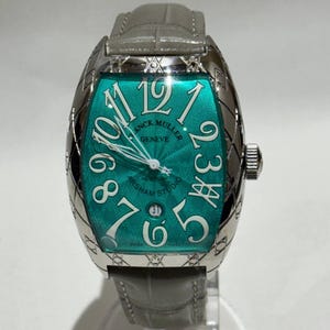 Reloj automático vintage Franck Muller con esfera azul cielo para hombre / Correa de cuero gris, reloj de pulsera para hombre con indicador de fecha.