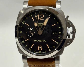 Vintage Panerai GMT Automatic Watch | Black Dial, Brown Leather Strap, Date Indicator Men's Wrist Watch