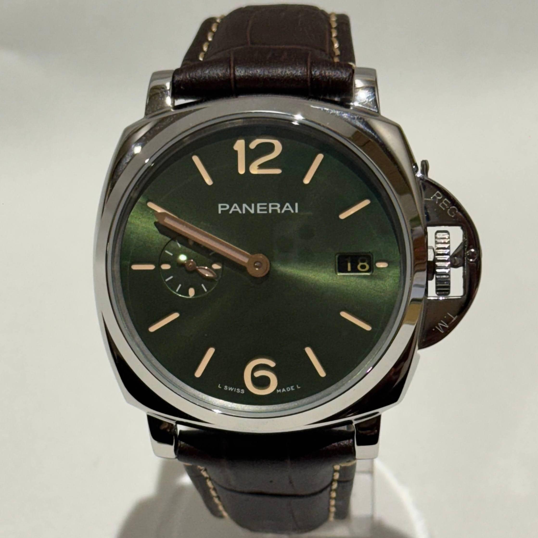 Vintage Panerai Green Dial Brown Leather Strap Automatic Movement Men's Wrist Watch