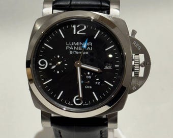 Vintage Panerai BiTempo zwarte wijzerplaat zwarte leren band automatisch uurwerk herenpolshorloge, horloge voor heren