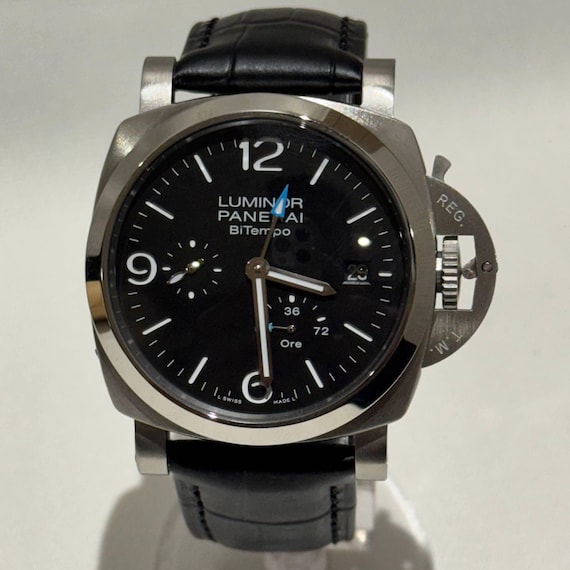 Vintage Panerai BiTempo Black Dial Black Leather Strap Automatic Movement Men's Wrist Watch, Watch For Men
