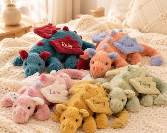 Peluche drago personalizzato con nome, ali di peluche ricamate su misura, regalo drago fantasy, regalo di compleanno per bambini, ricordo per la cameretta.