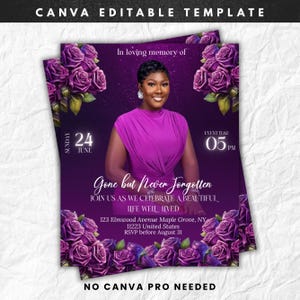 May include: A purple memorial invitation template with a photo of a woman in a purple dress. The text reads "In loving memory of" and "Gone but Never Forgotten." Includes event details and RSVP information.