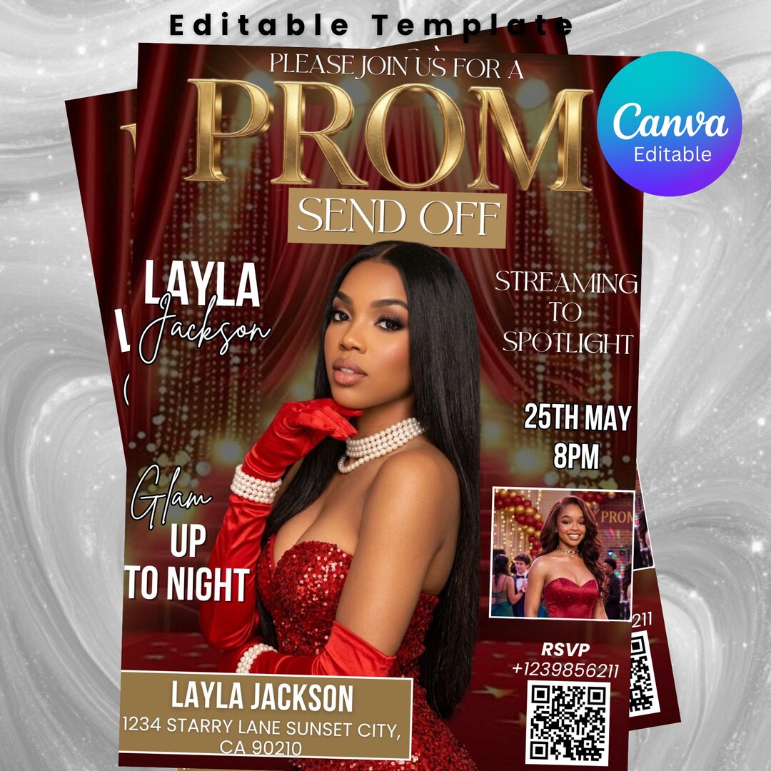 Red Prom Send off Party Invitation, Prom Queen With Photo Invite, Girls ...