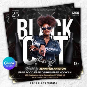 May include: Black Cat Party flyer featuring a woman in sunglasses and a leather jacket. The flyer includes the text "BLACK CAT Party" and event details, including "FREE FOOD. FREE DRINKS. FREE HOOKAH" and the address. The flyer is an editable template.