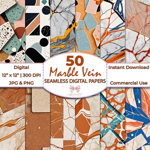 50 Marble Vein Seamless Patterns | Soft Agate Stone Gouache Textures | Neutral Earth Tone Digital Papers | 12x12 300 DPI | Commercial Use