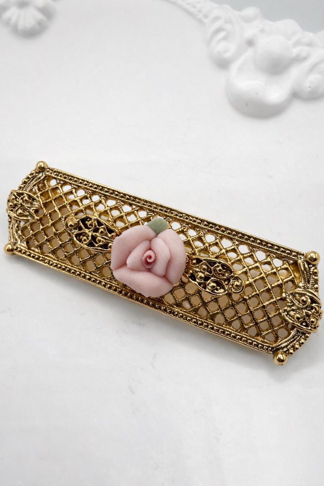 Gold Tone Filigree Brooch With Pink Rose | Vintage Cottagecore ...