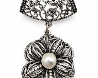 Silver Tone Floral Scarf Slide Pendant with Faux Pearl & Rhinestones, Filigree Flower Jewelry, Vintage Style Scarf Accessory