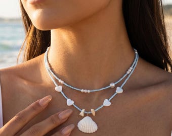 Naszyjnik z koralikami w kolorze boho, jasnoniebieskim, z perłowymi muszlami, w kształcie serca, ręcznie robiony, elegancki, letni, plażowy, wakacyjny, rocznicowy, urodzinowy prezent dla niej