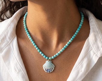Amazonite Blue Shell Pendant Beaded Necklace Handmade Dainty Summer Layered Jewelry Bridesmaid Halloween Birthdays Girlfriend Gift For Her