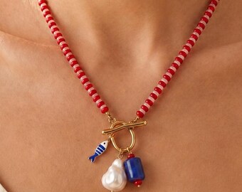 Handmade Fish Baroque Pearl Red Bead Necklace Unique Boho Style Natural Stone Pendant Perfect Christmas  Gift for Her Beach Vocation Summer
