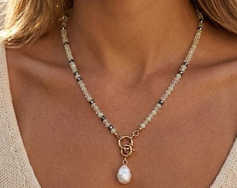 Zarte Perlen Grün Kristall Perlen Halskette 18K Gold Sommer Boho Layering Schmuck Sailor Verschluss Anhänger Geschenk für ihre Mädchen Freundinnen