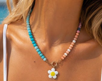 Colorful Daisy Flower Beaded Necklace  Handmade Charm Candy boho Multi Bead Jewelry Summer Jewelry Valentine's Day Gift Gift for Daughter
