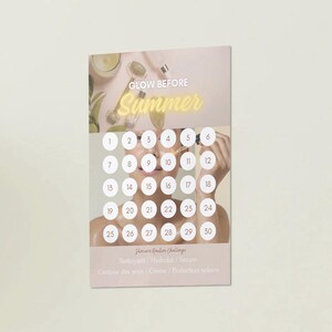 Puede incluir: Un calendario de cuidado de la piel con el texto "GLOW BEFORE Summer". El calendario presenta 30 círculos numerados, con una mujer aplicándose sérum. La parte inferior del calendario enumera los pasos del cuidado de la piel.