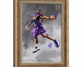 Vince Carter Raptors Framed Canvas Poster, Grey Background Purple Splatter Sketch Art Print, Man Cave Basketball Room Decor