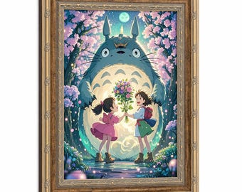 Framed Totoro Sisters Sakura Night Wall Art, Studio Ghibli Cherry Blossom Full Moon Anime Canvas Print, Kids Bedroom Home Decor