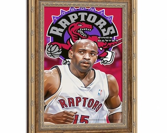 Framed Vince Carter #15 Wall Art, Toronto Raptors Vintage Dinosaur Logo Portrait Canvas Print, NBA Basketball Fan Man Cave Wall Decor