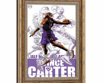 Framed Vince Carter Raptors No.15 Wall Art, Half Man Half Amazing Sketch Basketball Canvas Print, Sports Fan Bedroom Home Decor