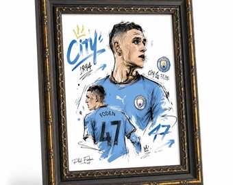Framed Phil Foden Manchester City Wall Art, Football Sketch Canvas Print, Sports Home Decor for Fans Bedroom Living Room