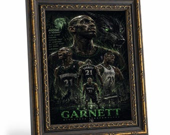 Framed Kevin Garnett Timberwolves No.21 Wall Art, Wolf Theme Basketball Canvas Print, Sports Fan Bedroom Home Decor