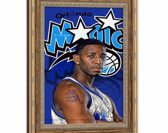 Framed Tracy McGrady T-Mac Wall Art, Orlando Magic Blue Graffiti Logo Portrait Canvas Print, NBA Basketball Fan Bedroom Man Cave Decor