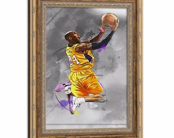 Kobe Bryant Lakers framed canvas poster, gray background, purple splatter watercolor art print, men's exclusive gym decoration.