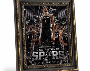 San Antonio Spurs-themed framed wall art, Victor Humbani horse and young Spurs canvas painting, basketball-themed men's lounge decoration.