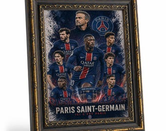 Paris Saint-Germain football team themed framed wall art, football team collage canvas painting， suitable for bedrooms and living rooms.