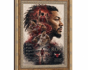 Derrick Rose Bulls Karriere Meilensteine Leinwanddruck, Chicago City Skyline & D.Rose Zitat Kunstdruck, Basketball Fan Wanddeko