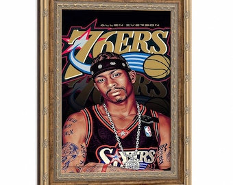 Framed Allen Iverson #3 Wall Art, Philadelphia 76ers Graffiti Logo Portrait Canvas Print, NBA Basketball Fan Man Cave Decor