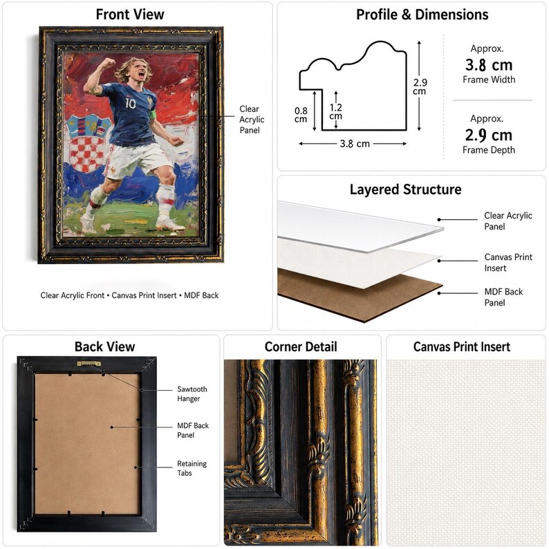 May include: Framed canvas print of a soccer player in a blue jersey, celebrating a goal. The black frame has gold accents and measures approximately 3.8 cm wide and 2.9 cm deep. The layered structure includes a clear acrylic panel and MDF back panel.