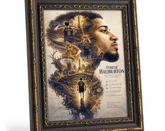 Tyrese Haliburton Pacers Tribute gerahmte Leinwanddruck, Indiana City Skyline & Career Stats Art Print, Fan Wanddekoration