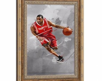 Tracy McGrady Rockets Framed Canvas Poster, Grey Watercolor Background Dynamic Dribbling Sketch Art Print, Man Cave Sports Wall Decor