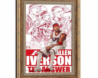 Framed Allen Iverson The Answer Wall Art, Philadelphia 76ers Red Sketch Basketball Canvas Print, NBA Sports Fan Bedroom Decor