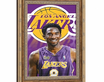 Framed Kobe Bryant #8 Wall Art, Los Angeles Lakers Purple Gold Logo Portrait Canvas Print, NBA Basketball Fan Man Cave Bedroom Decor