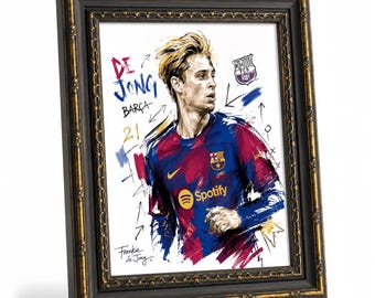 Barcelona Frenkie de Jong Framed Canvas Poster, Football Star Art Print, Sports Wall Decor for Fans Bedroom Man Cave