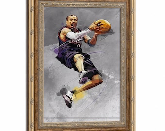 Allen Iverson framed canvas poster, gray washed background, purple ink splatter sketch art print, men's casual sports bar wall decoration.