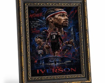 Allen Iverson 76ers framed canvas poster, Philadelphia skyline quote art prints, basketball-themed men's space wall decorations.