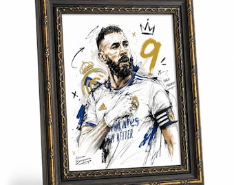Framed Karim Benzema Real Madrid Wall Art, No.9 Football Sketch Canvas Print, Sports Home Decor for Soccer Fans Bedroom