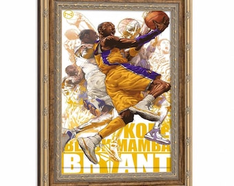 Kobe Bryant LA Lakers Framed Canvas Poster, Golden Purple Jersey Layup Art Print, Wall Decor for Basketball Man Cave Room
