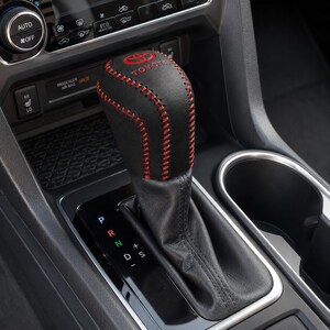 Leather Gear Shift Knob Cover Compatible With Toyota Camry Eighth Gen Automatic Red Stitching Shifter Protector Car Interior Accessory