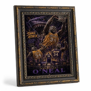 Inramad väggtavla med Shaquille O'Neal Lakers-motiv nr 34, kanvastavla med Shaq Attack-tema i basket, heminredning för sovrum med sportfan