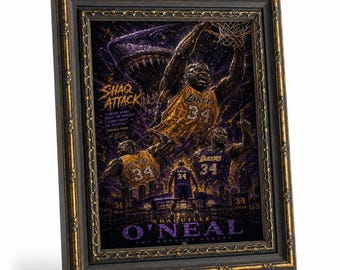 Framed Shaquille O'Neal Lakers No.34 Wall Art, Shaq Attack Shark Theme Basketball Canvas Print, Sports Fan Bedroom Home Decor