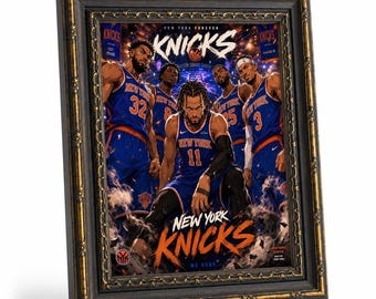 Knicks "We're Here" framed canvas poster, Madison Square Garden and player art prints, Knicks fan wall decorations