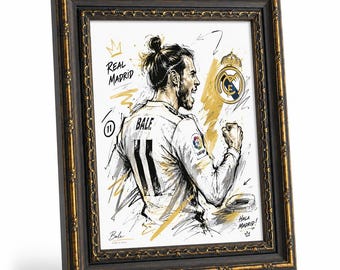 Framed Gareth Bale Real Madrid Wall Art, Football Sketch Canvas Print, Sports Home Decor for Bedroom Living Room